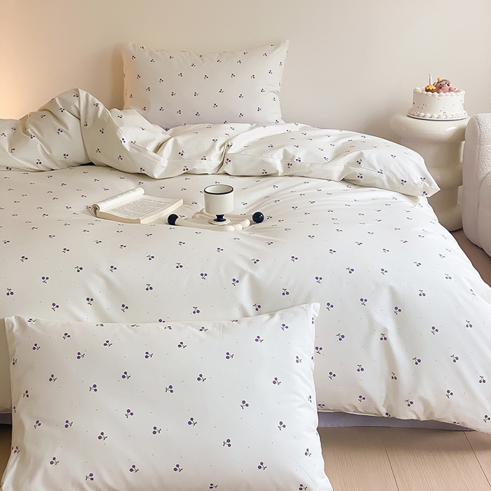 91家纺网 家纺一手货源 找家纺 Mr.pig猪先生水洗棉 2025新款小清新全棉四件套 淡紫小樱桃