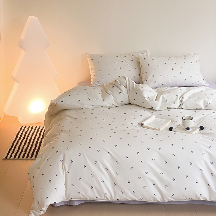 91家纺网 家纺一手货源 找家纺 Mr.pig猪先生水洗棉 2025新款小清新全棉四件套 淡紫小樱桃