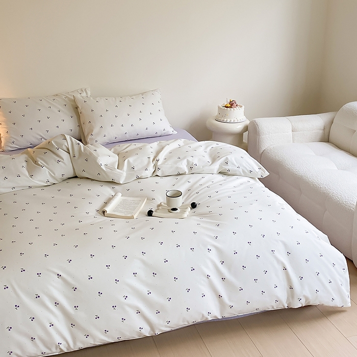 91家纺网 家纺一手货源 找家纺 Mr.pig猪先生水洗棉 2025新款小清新全棉四件套 淡紫小樱桃