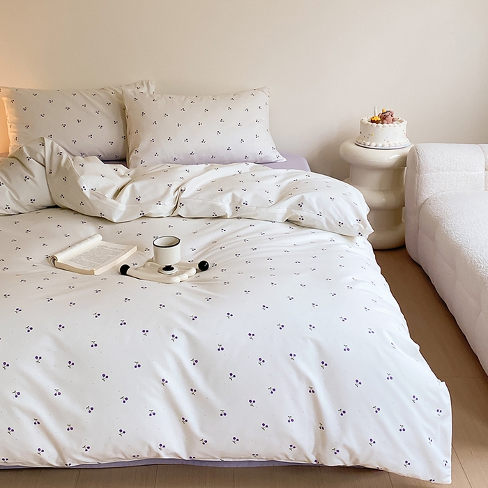 91家纺网 家纺一手货源 找家纺 Mr.pig猪先生水洗棉 2025新款小清新全棉四件套 淡紫小樱桃