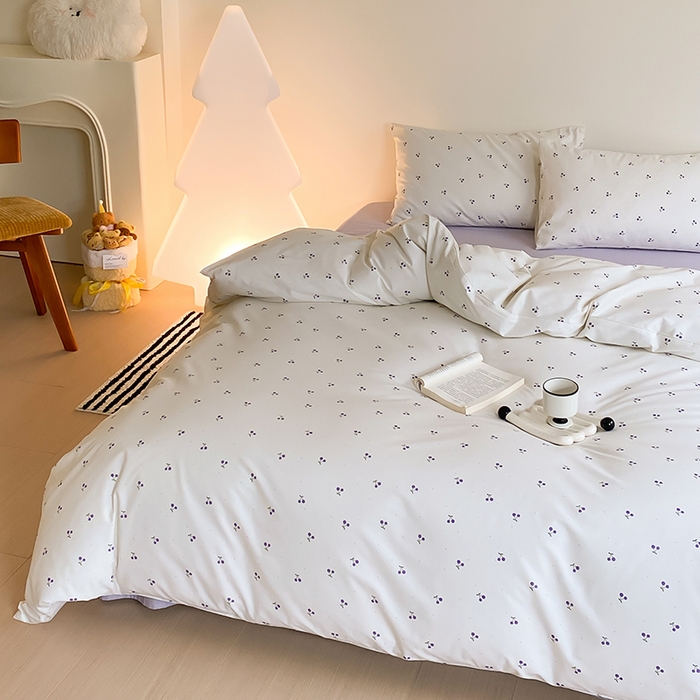 91家纺网 家纺一手货源 找家纺 Mr.pig猪先生水洗棉 2025新款小清新全棉四件套 淡紫小樱桃