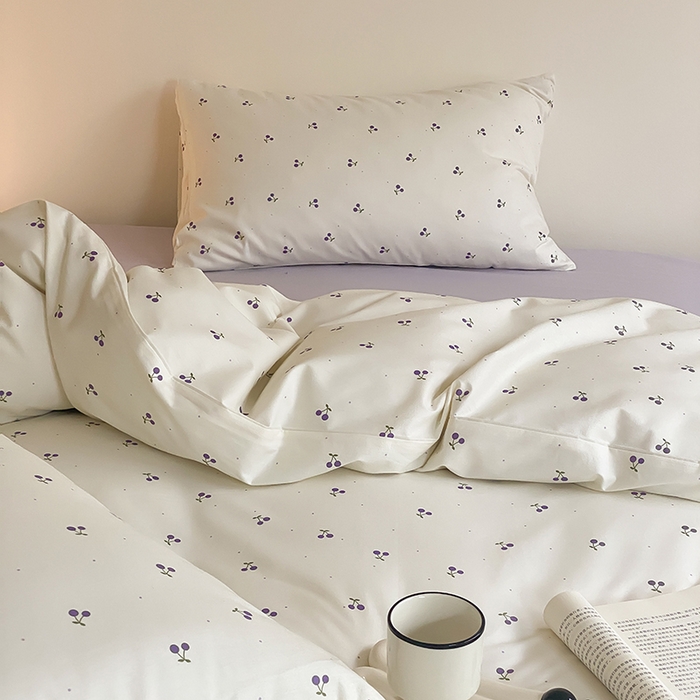 91家纺网 家纺一手货源 找家纺 Mr.pig猪先生水洗棉 2025新款小清新全棉四件套 淡紫小樱桃