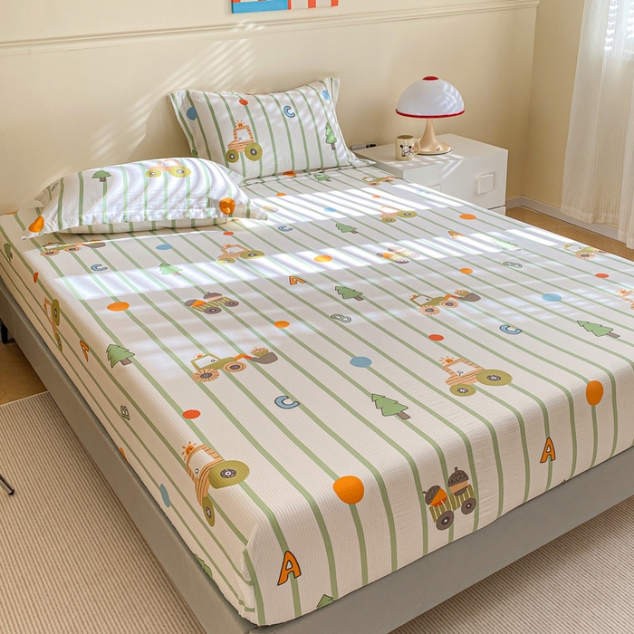 91家纺网 家纺一手货源 找家纺 恬澳家纺 2025新款A类印花泡泡棉床笠-场景一 工程车队