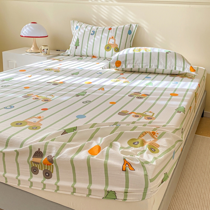 91家纺网 家纺一手货源 找家纺 恬澳家纺 2025新款A类印花泡泡棉床笠-场景一 工程车队