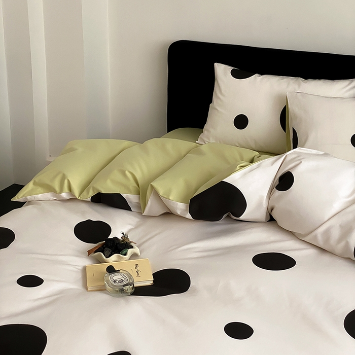 91家纺网 家纺一手货源 找家纺 Mr.pig猪先生水洗棉 2025新款小清新全棉四件套 黑圆点