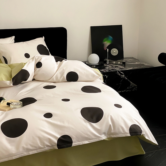 91家纺网 家纺一手货源 找家纺 Mr.pig猪先生水洗棉 2025新款小清新全棉四件套 黑圆点