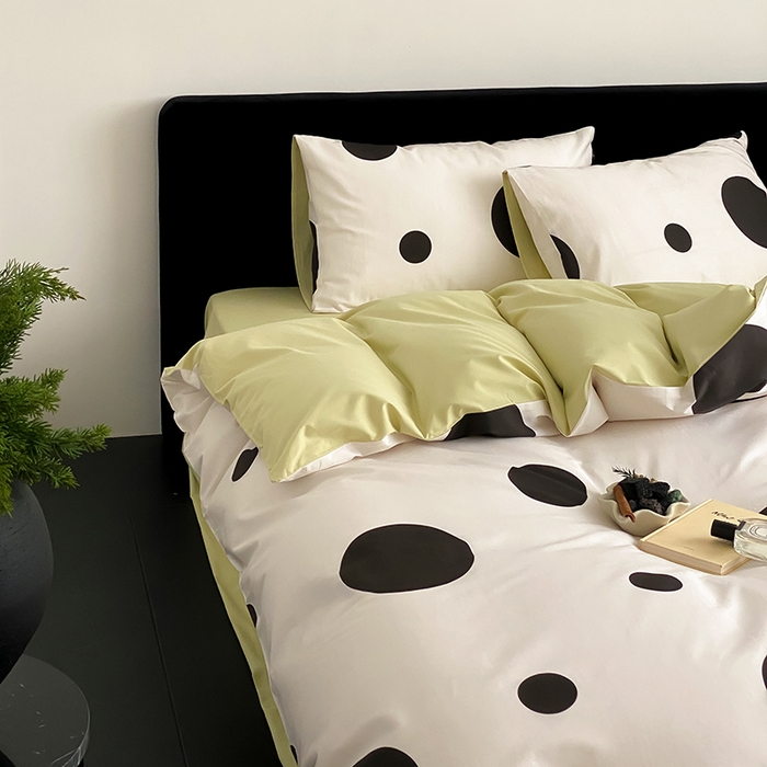 91家纺网 家纺一手货源 找家纺 Mr.pig猪先生水洗棉 2025新款小清新全棉四件套 黑圆点