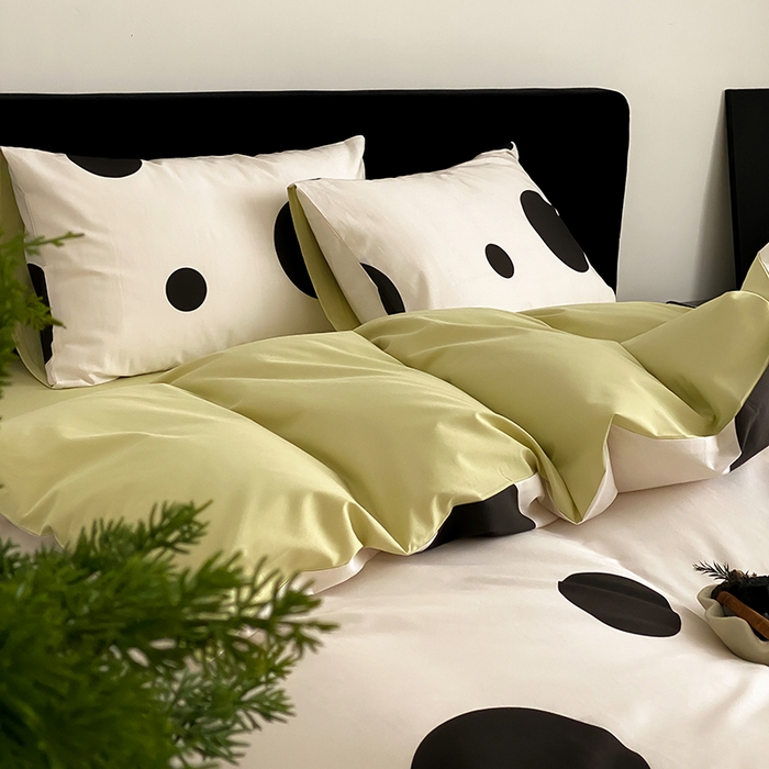 91家纺网 家纺一手货源 找家纺 Mr.pig猪先生水洗棉 2025新款小清新全棉四件套 黑圆点