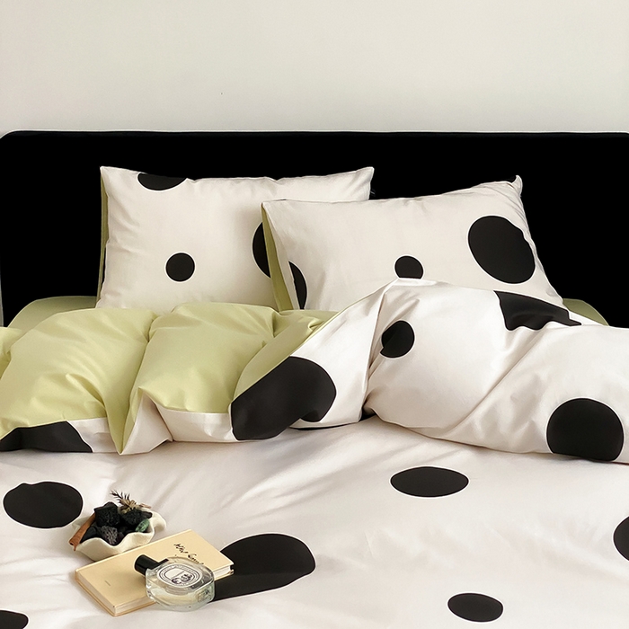 91家纺网 家纺一手货源 找家纺 Mr.pig猪先生水洗棉 2025新款小清新全棉四件套 黑圆点