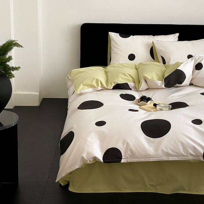 91家纺网 家纺一手货源 找家纺 Mr.pig猪先生水洗棉 2025新款小清新全棉四件套 黑圆点