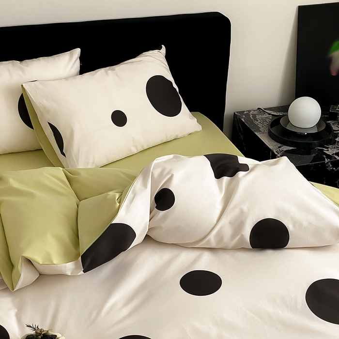 91家纺网 家纺一手货源 找家纺 Mr.pig猪先生水洗棉 2025新款小清新全棉四件套 黑圆点