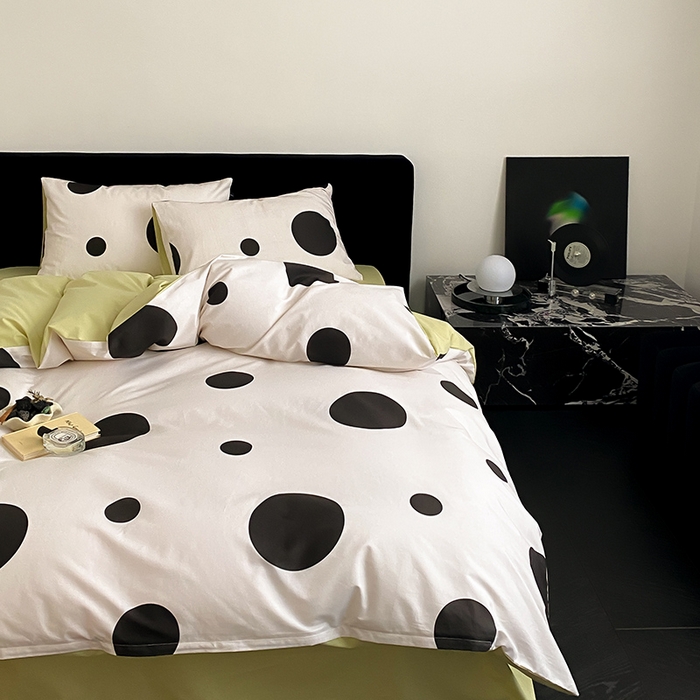 91家纺网 家纺一手货源 找家纺 Mr.pig猪先生水洗棉 2025新款小清新全棉四件套 黑圆点