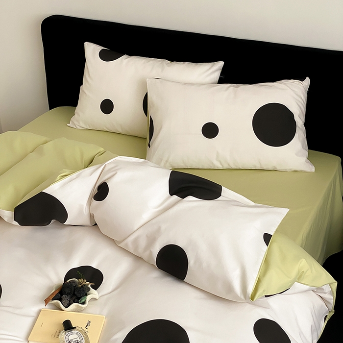 91家纺网 家纺一手货源 找家纺 Mr.pig猪先生水洗棉 2025新款小清新全棉四件套 黑圆点