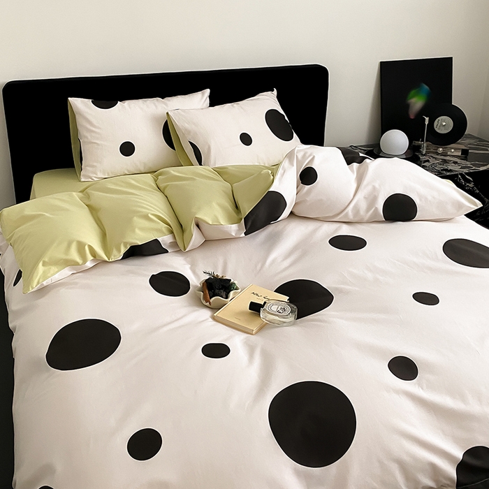 91家纺网 家纺一手货源 找家纺 Mr.pig猪先生水洗棉 2025新款小清新全棉四件套 黑圆点