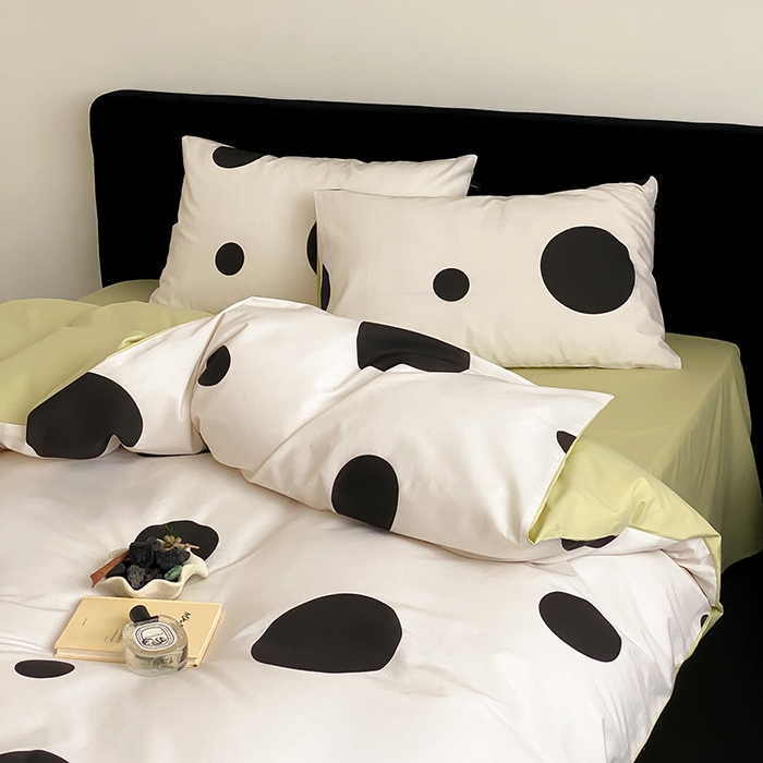 91家纺网 家纺一手货源 找家纺 Mr.pig猪先生水洗棉 2025新款小清新全棉四件套 黑圆点