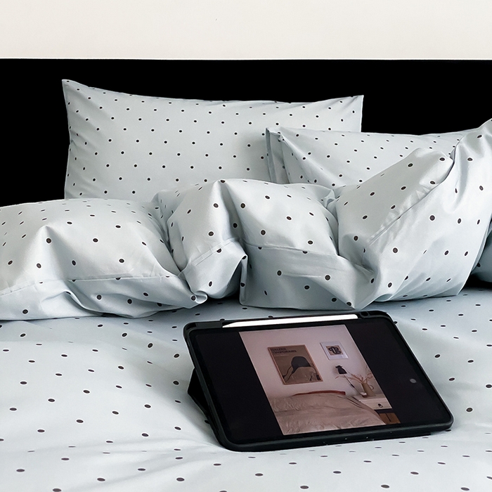 91家纺网 家纺一手货源 找家纺 Mr.pig猪先生水洗棉 2025新款小清新全棉四件套 灰蓝波点