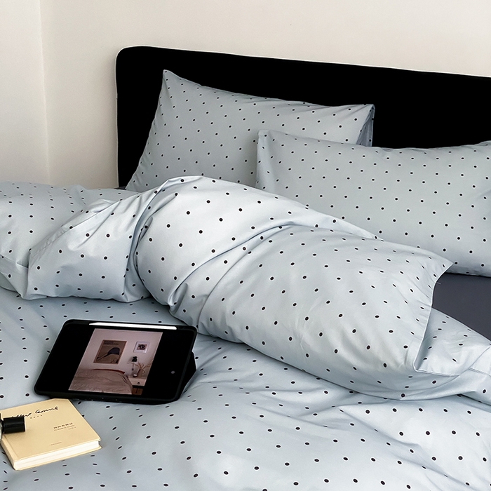 91家纺网 家纺一手货源 找家纺 Mr.pig猪先生水洗棉 2025新款小清新全棉四件套 灰蓝波点