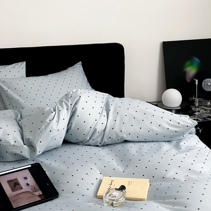 91家纺网 家纺一手货源 找家纺 Mr.pig猪先生水洗棉 2025新款小清新全棉四件套 灰蓝波点