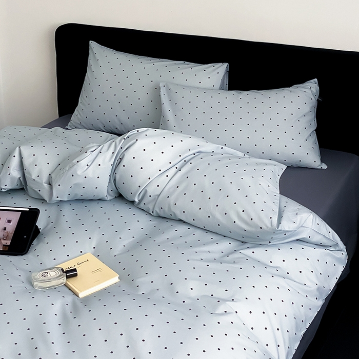 91家纺网 家纺一手货源 找家纺 Mr.pig猪先生水洗棉 2025新款小清新全棉四件套 灰蓝波点