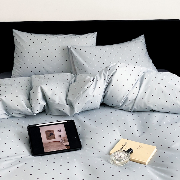 91家纺网 家纺一手货源 找家纺 Mr.pig猪先生水洗棉 2025新款小清新全棉四件套 灰蓝波点