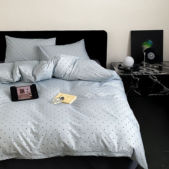 91家纺网 家纺一手货源 找家纺 Mr.pig猪先生水洗棉 2025新款小清新全棉四件套 灰蓝波点