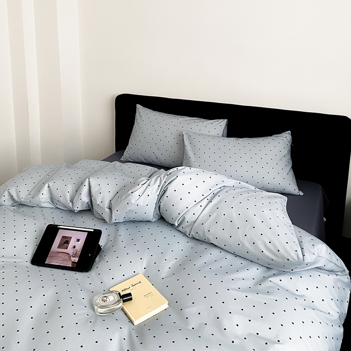 91家纺网 家纺一手货源 找家纺 Mr.pig猪先生水洗棉 2025新款小清新全棉四件套 灰蓝波点