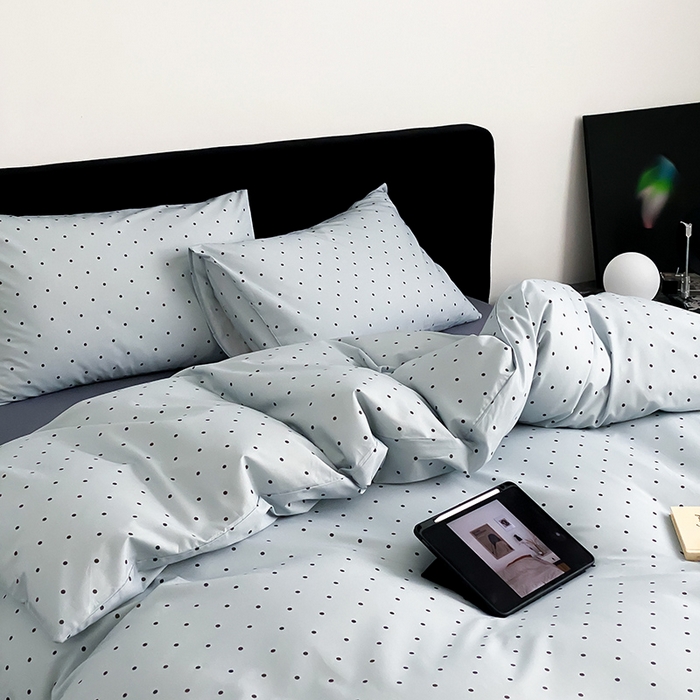 91家纺网 家纺一手货源 找家纺 Mr.pig猪先生水洗棉 2025新款小清新全棉四件套 灰蓝波点