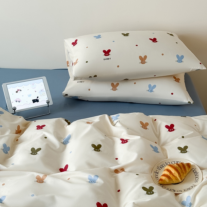 91家纺网 家纺一手货源 找家纺 Mr.pig猪先生水洗棉 2025新款小清新全棉四件套 萌兔