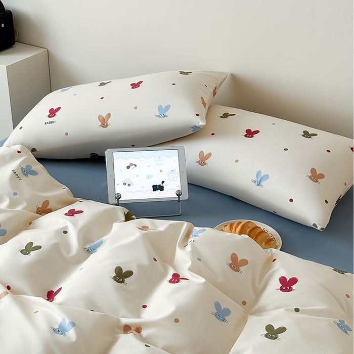 91家纺网 家纺一手货源 找家纺 Mr.pig猪先生水洗棉 2025新款小清新全棉四件套 萌兔