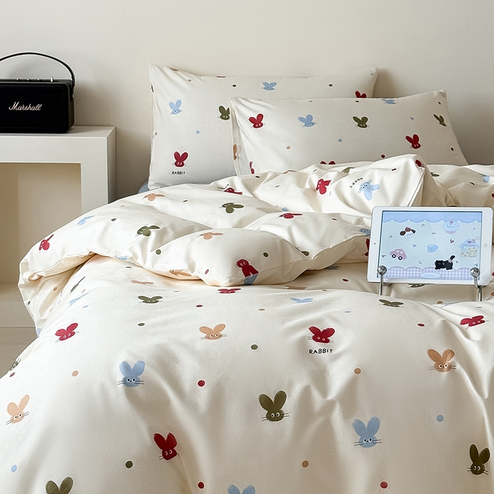 91家纺网 家纺一手货源 找家纺 Mr.pig猪先生水洗棉 2025新款小清新全棉四件套 萌兔