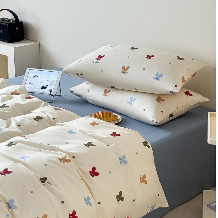 91家纺网 家纺一手货源 找家纺 Mr.pig猪先生水洗棉 2025新款小清新全棉四件套 萌兔