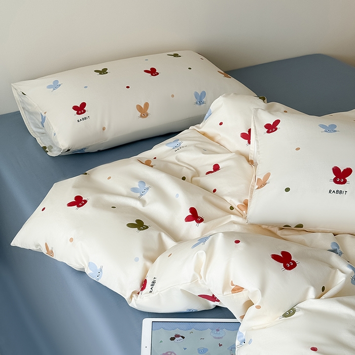 91家纺网 家纺一手货源 找家纺 Mr.pig猪先生水洗棉 2025新款小清新全棉四件套 萌兔