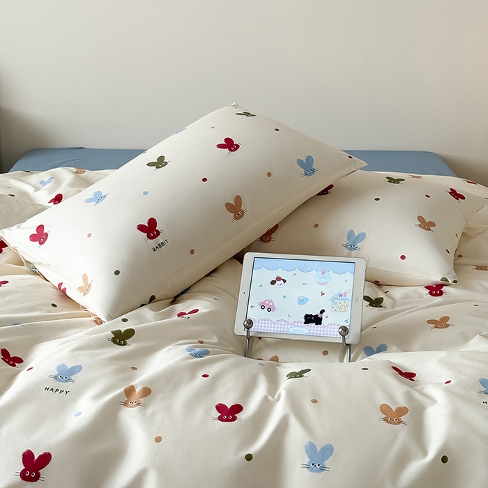 91家纺网 家纺一手货源 找家纺 Mr.pig猪先生水洗棉 2025新款小清新全棉四件套 萌兔