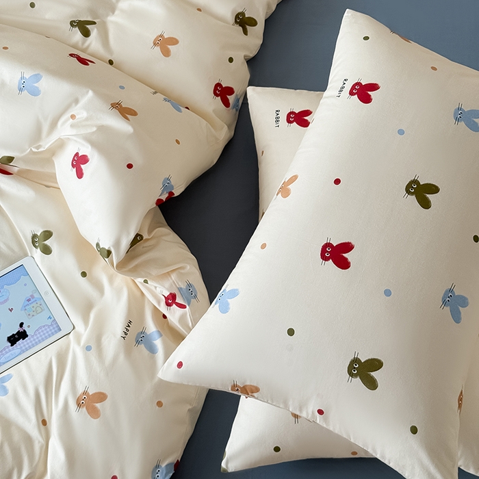 91家纺网 家纺一手货源 找家纺 Mr.pig猪先生水洗棉 2025新款小清新全棉四件套 萌兔