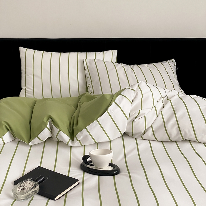 91家纺网 家纺一手货源 找家纺 Mr.pig猪先生水洗棉 2025新款小清新全棉四件套 牛油果竖条