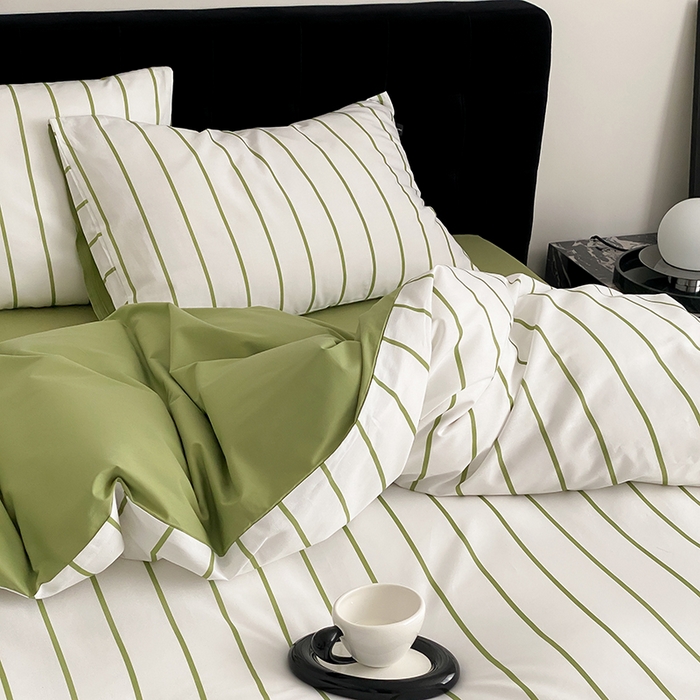 91家纺网 家纺一手货源 找家纺 Mr.pig猪先生水洗棉 2025新款小清新全棉四件套 牛油果竖条