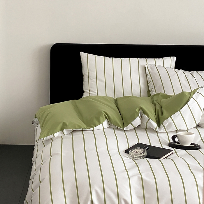 91家纺网 家纺一手货源 找家纺 Mr.pig猪先生水洗棉 2025新款小清新全棉四件套 牛油果竖条