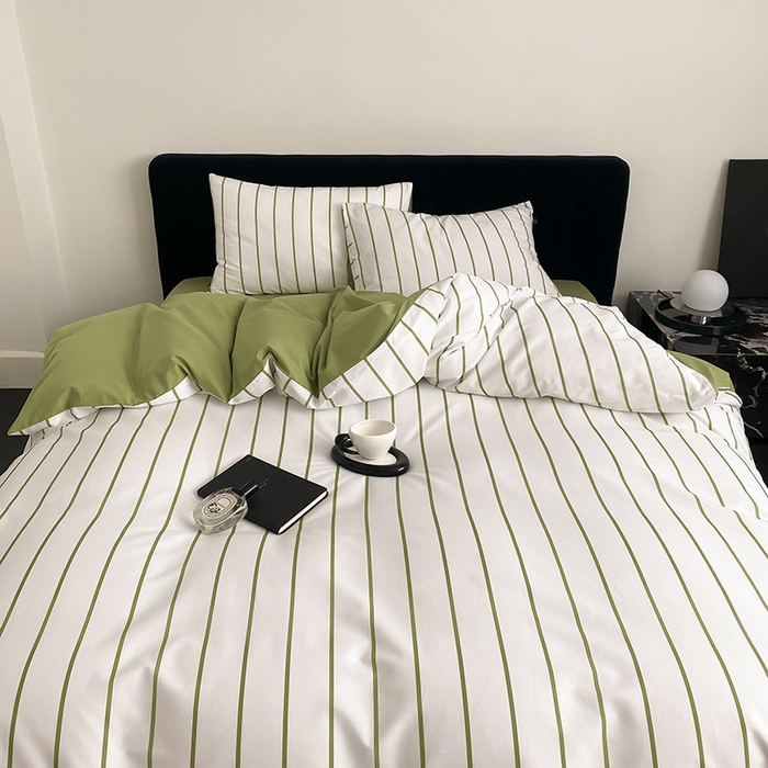 91家纺网 家纺一手货源 找家纺 Mr.pig猪先生水洗棉 2025新款小清新全棉四件套 牛油果竖条