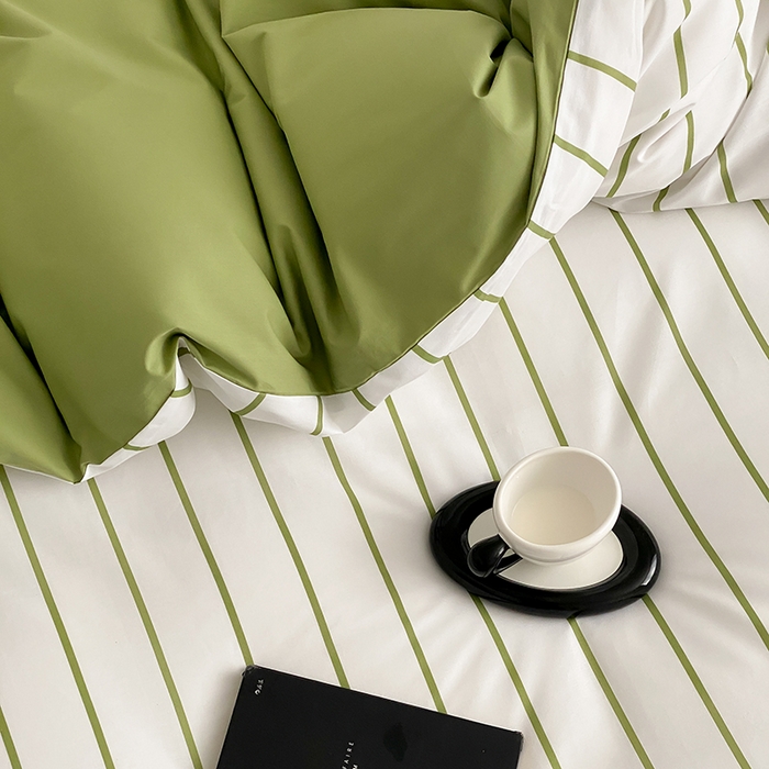 91家纺网 家纺一手货源 找家纺 Mr.pig猪先生水洗棉 2025新款小清新全棉四件套 牛油果竖条