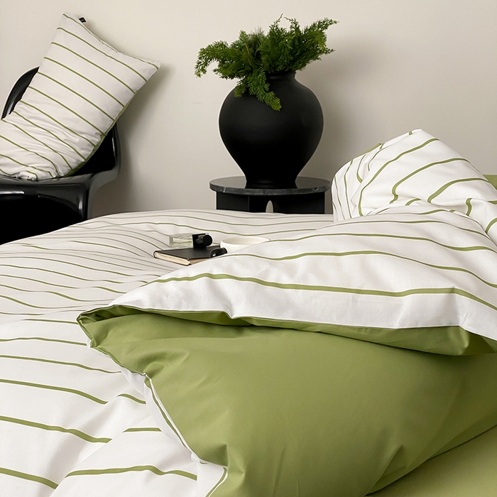 91家纺网 家纺一手货源 找家纺 Mr.pig猪先生水洗棉 2025新款小清新全棉四件套 牛油果竖条