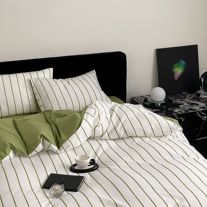 91家纺网 家纺一手货源 找家纺 Mr.pig猪先生水洗棉 2025新款小清新全棉四件套 牛油果竖条