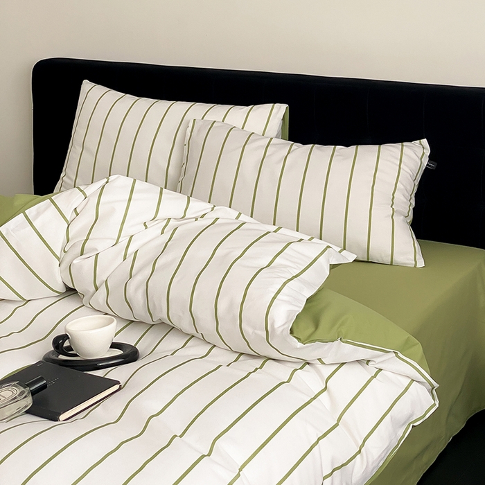 91家纺网 家纺一手货源 找家纺 Mr.pig猪先生水洗棉 2025新款小清新全棉四件套 牛油果竖条