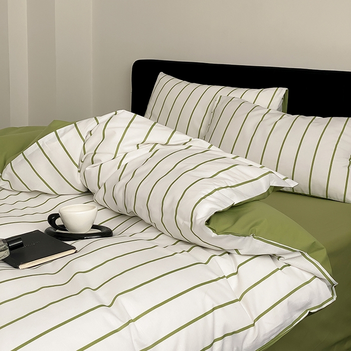 91家纺网 家纺一手货源 找家纺 Mr.pig猪先生水洗棉 2025新款小清新全棉四件套 牛油果竖条