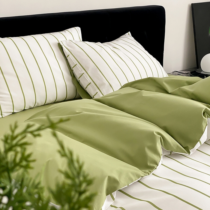 91家纺网 家纺一手货源 找家纺 Mr.pig猪先生水洗棉 2025新款小清新全棉四件套 牛油果竖条