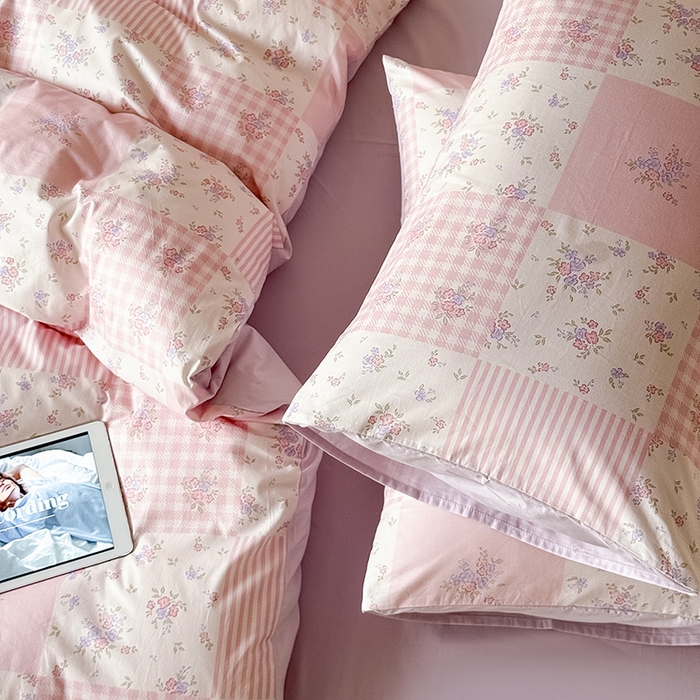 91家纺网 家纺一手货源 找家纺 Mr.pig猪先生水洗棉 2025新款小清新全棉四件套 碎花格-粉