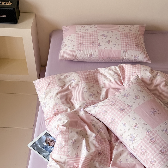 91家纺网 家纺一手货源 找家纺 Mr.pig猪先生水洗棉 2025新款小清新全棉四件套 碎花格-粉