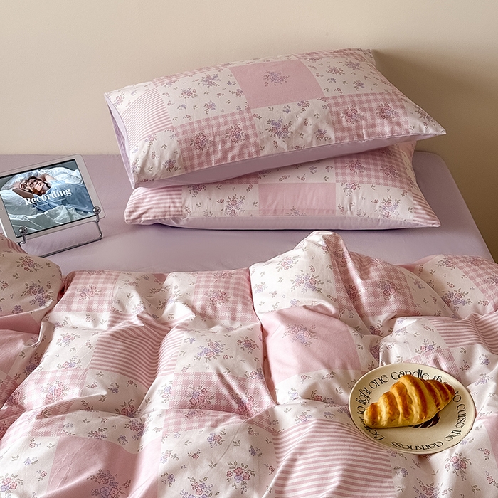 91家纺网 家纺一手货源 找家纺 Mr.pig猪先生水洗棉 2025新款小清新全棉四件套 碎花格-粉