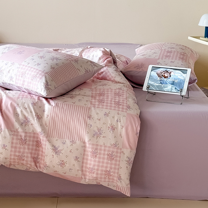 91家纺网 家纺一手货源 找家纺 Mr.pig猪先生水洗棉 2025新款小清新全棉四件套 碎花格-粉