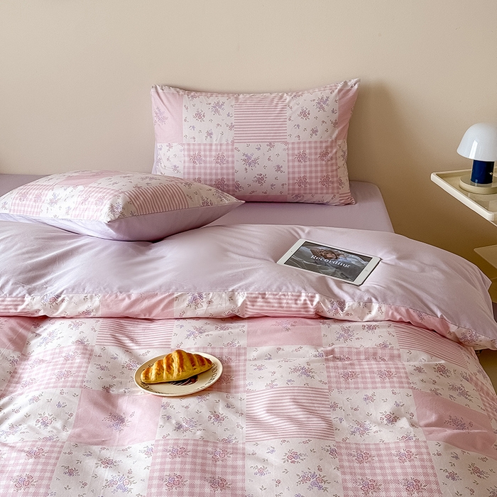 91家纺网 家纺一手货源 找家纺 Mr.pig猪先生水洗棉 2025新款小清新全棉四件套 碎花格-粉