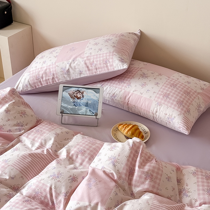 91家纺网 家纺一手货源 找家纺 Mr.pig猪先生水洗棉 2025新款小清新全棉四件套 碎花格-粉